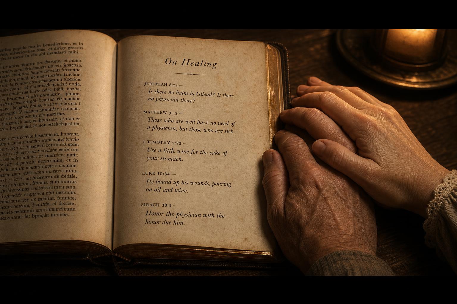 A weathered hand resting on the page of an open leather-bound book.