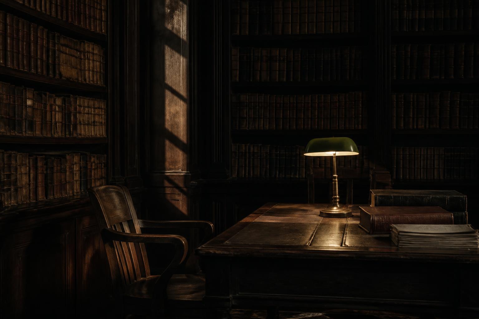 A corner of an old institutional library: dark wooden shelving, leather-bound spines, a single brass reading lamp.